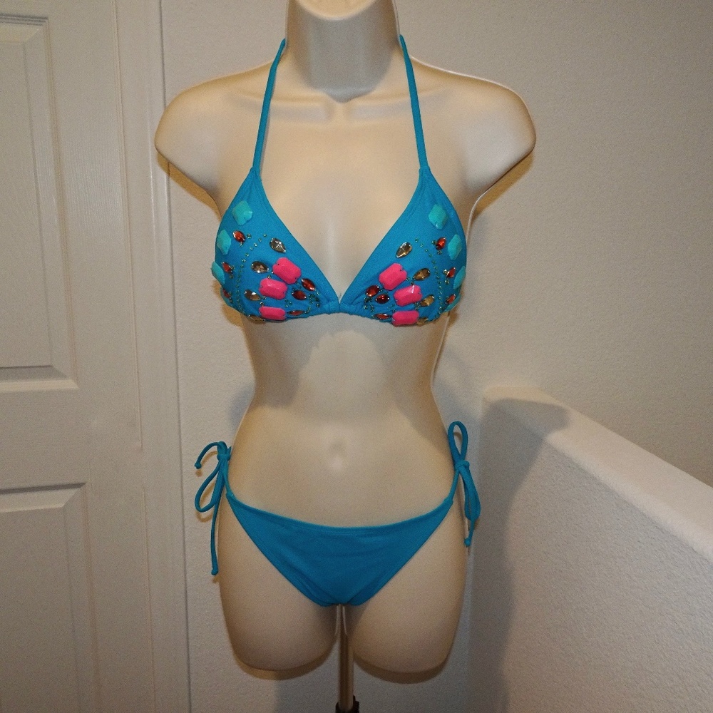 Scuba blue tie bikini with embellished top
